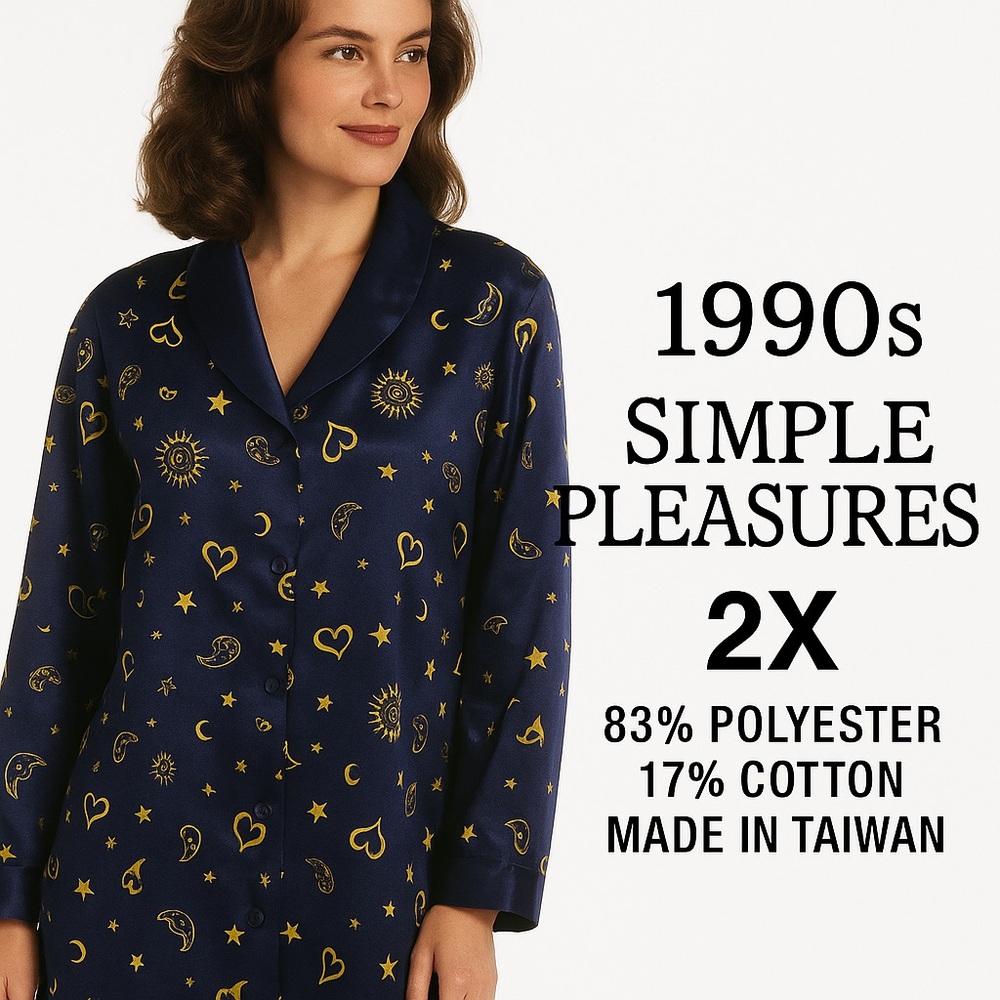 Vintage 90s Simple Pleasures Celestial Nightshirt 2X Navy Satin Feel
